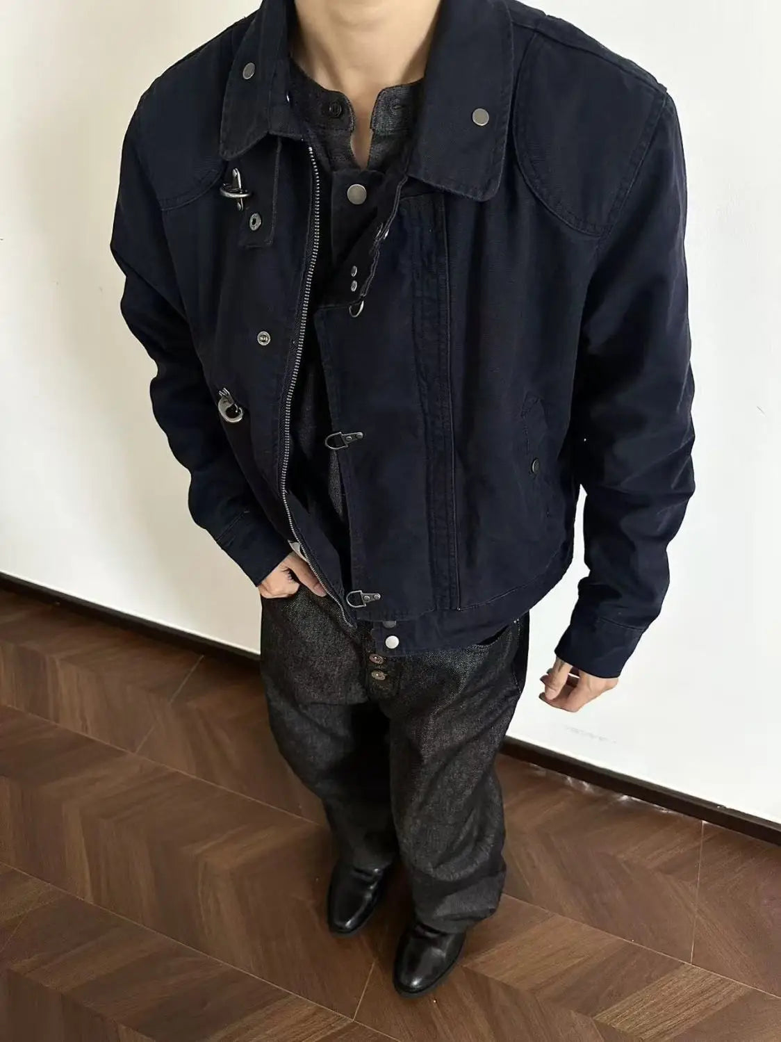 Harajuku Men's Turn Down Collar Jacket American Retro Short Workwear Coat Autumn Streetwear Casual Loose Fit Fashion Outerwear