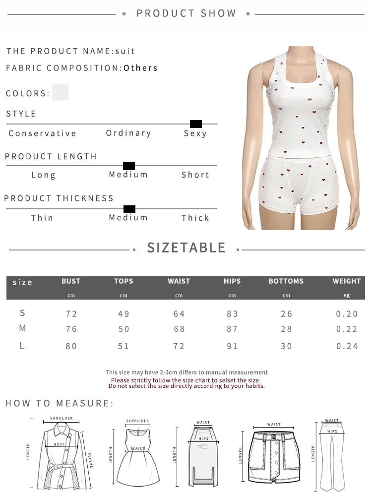 Nibber Comfortable Heart Print 2 Piece Set Women Square Collar Sleeveless Crop Tops+Stretch Shorts Sweet Girls Fashion Outfits