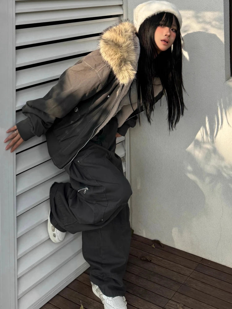 2000s Aesthetic Black Elegant Jacket Woman 2025 Winter Y2k Zip Up Hooded Design Harajuku Coat Female Loose Casual Punk Outfits