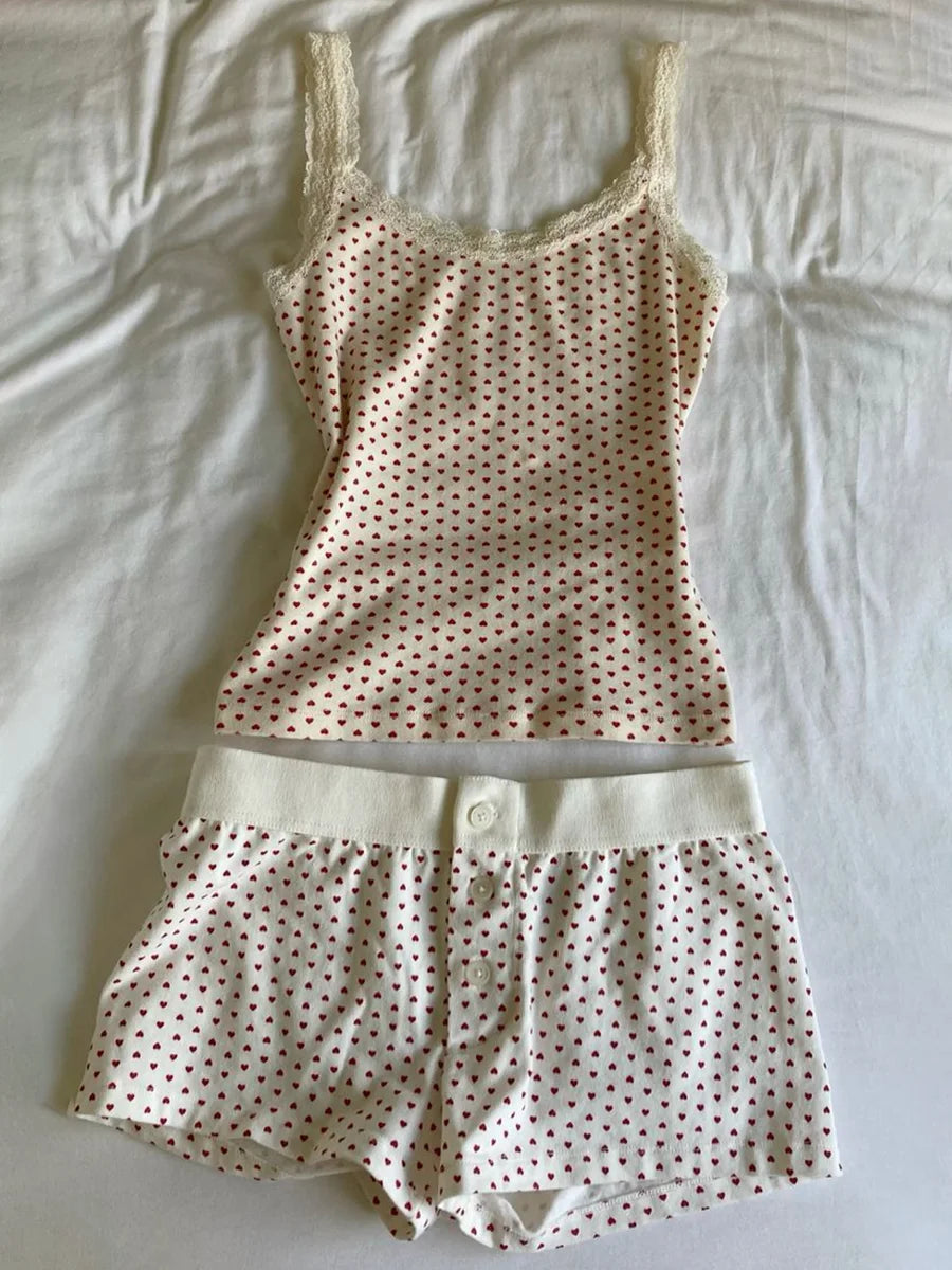 Strawberry Vest Shorts 2 Pieces Set Woman Eyelet Bow Slim Tank Top with Elastic Waist Patchwork Straight Short Pant Sweet Sets