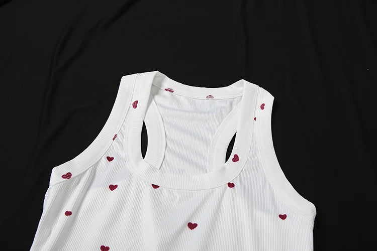 Nibber Comfortable Heart Print 2 Piece Set Women Square Collar Sleeveless Crop Tops+Stretch Shorts Sweet Girls Fashion Outfits