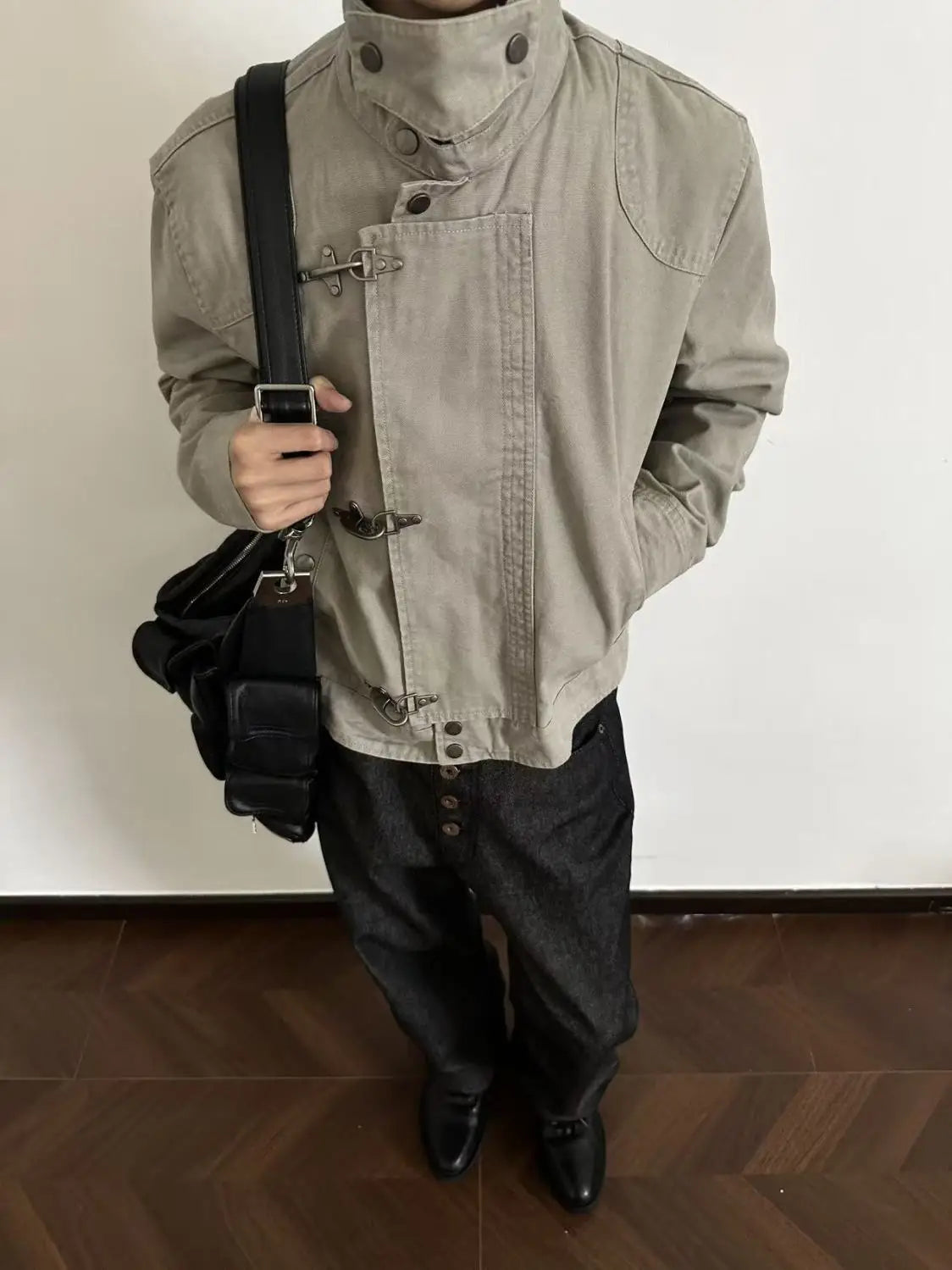 Harajuku Men's Turn Down Collar Jacket American Retro Short Workwear Coat Autumn Streetwear Casual Loose Fit Fashion Outerwear