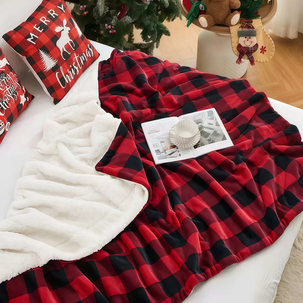 1pc Cozy Sherpa Fleece Buffalo Plaid Blanket - Sofa, Bed, And Outdoor Use - All-Season, Machine Washable, Soft Warm 4lbs, Weight