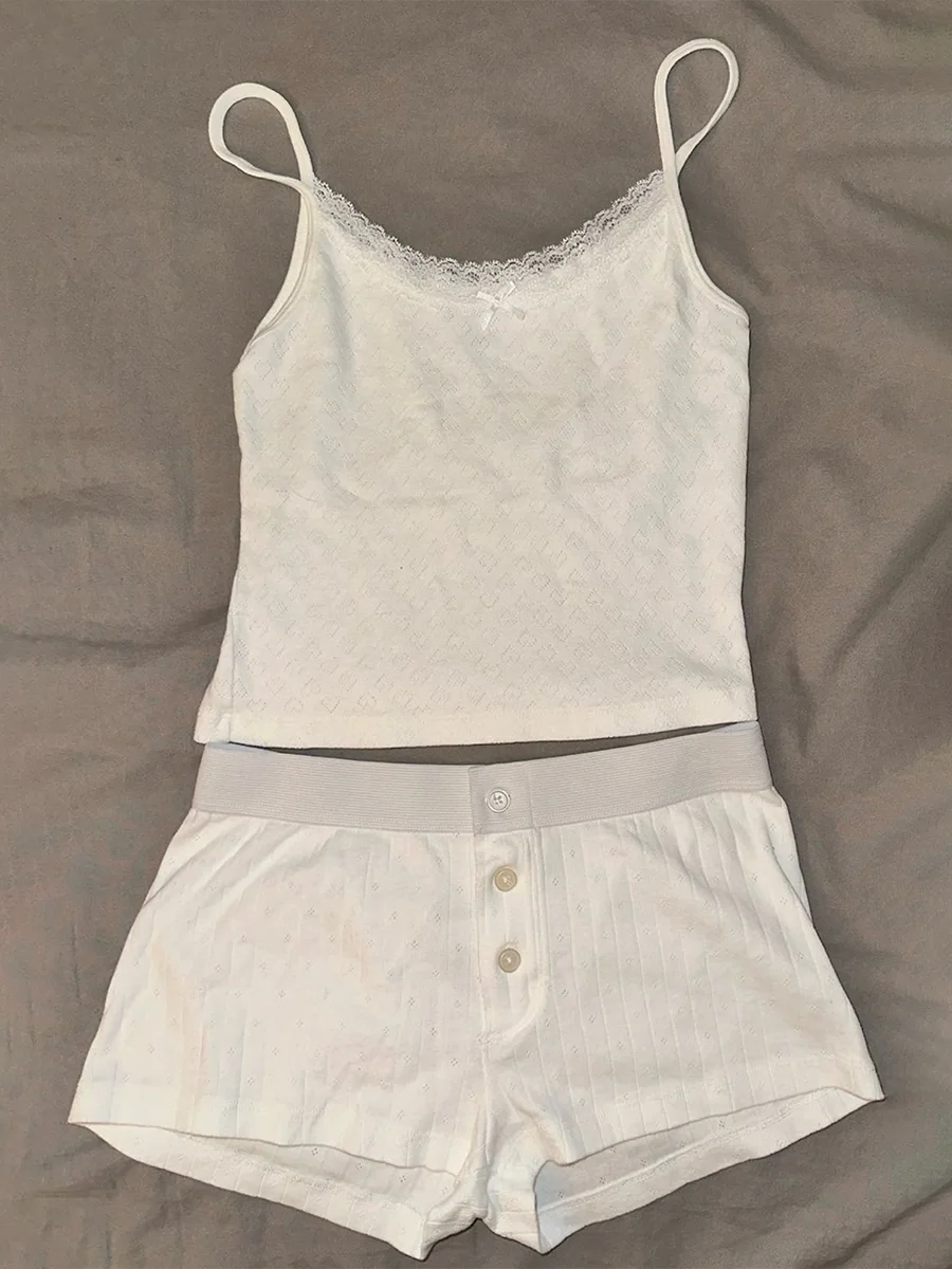 Strawberry Vest Shorts 2 Pieces Set Woman Eyelet Bow Slim Tank Top with Elastic Waist Patchwork Straight Short Pant Sweet Sets