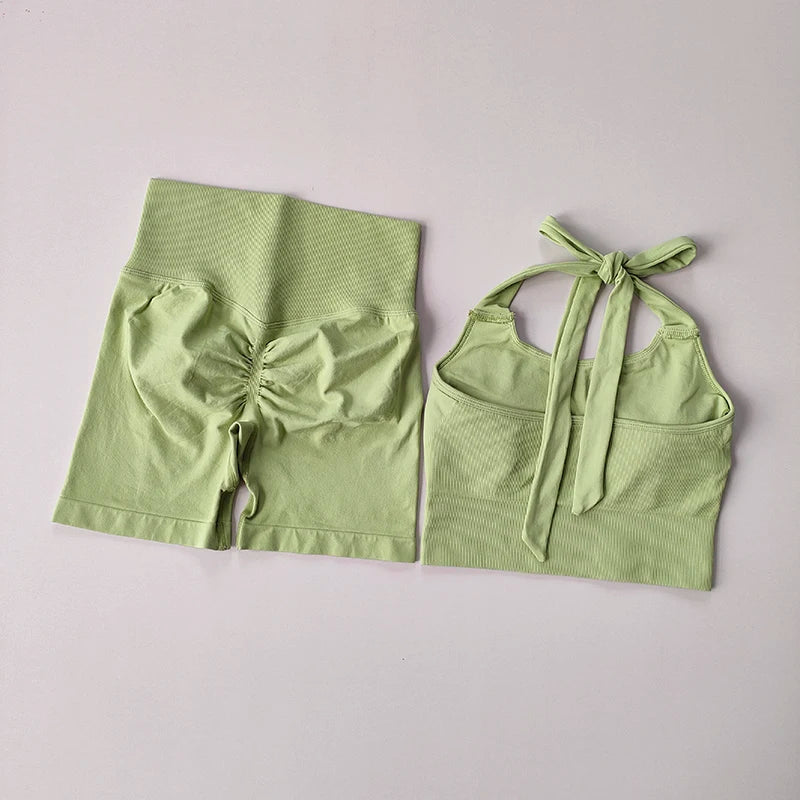 Peach Hip Lifting Suit Neck Hanging Sports Bra Shockproof Gathering Bra Quick Drying Short Set Gym Fitness Running Yoga Suit