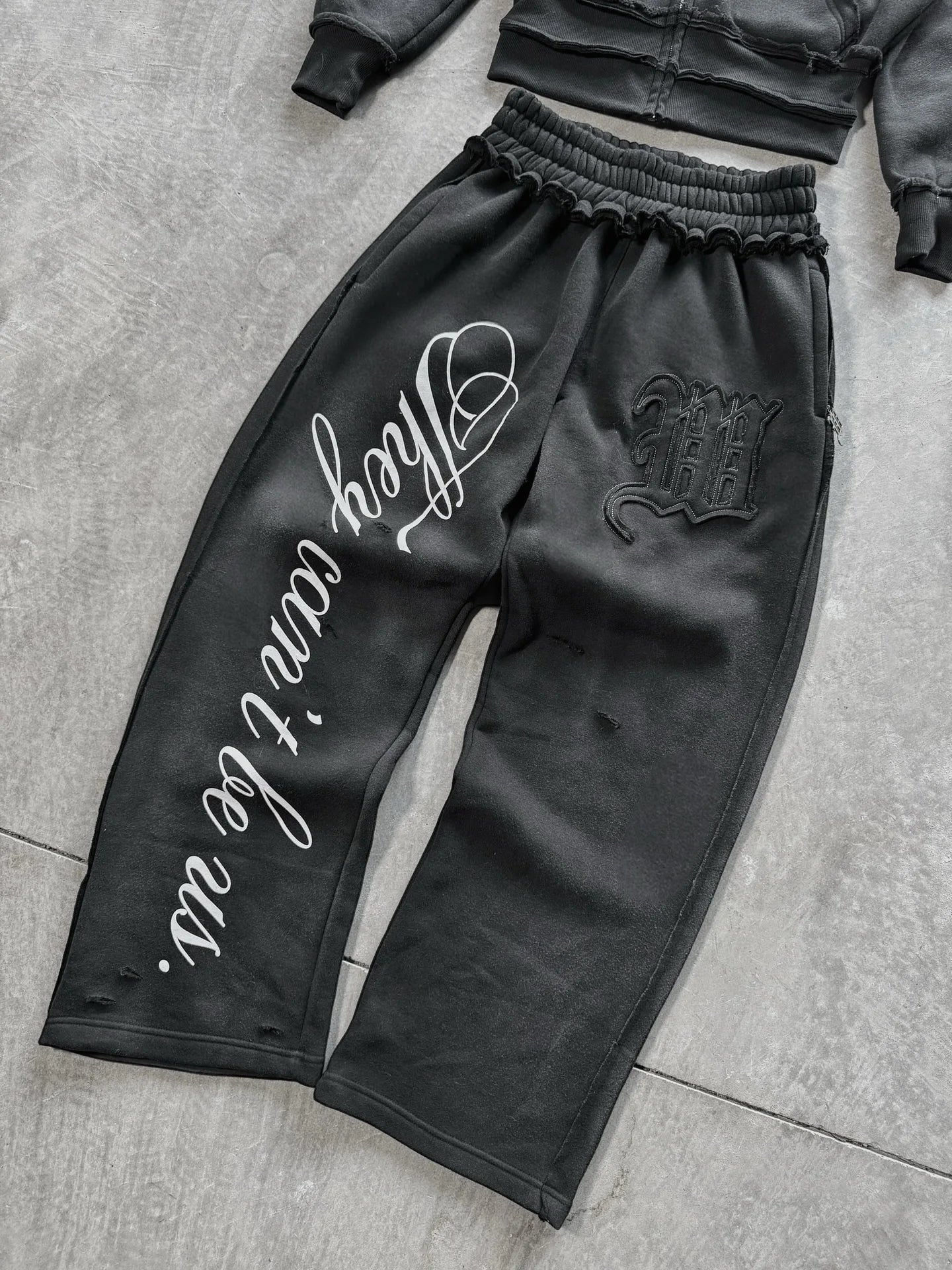 High street retro perforated embroidery American style logo Casual couple set street Harajuku punk loose hooded sweatshirt