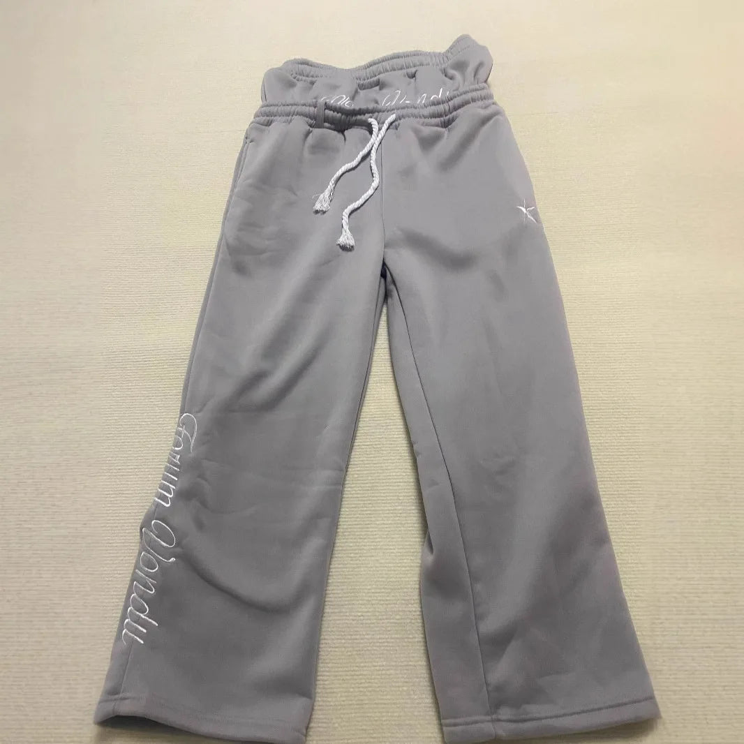 Harajuku Loose Double Waisted Sweatpants Y2K American Solid Color Letter Embroidery Casual Pants Hip Hop Drawstring Waist Jogger