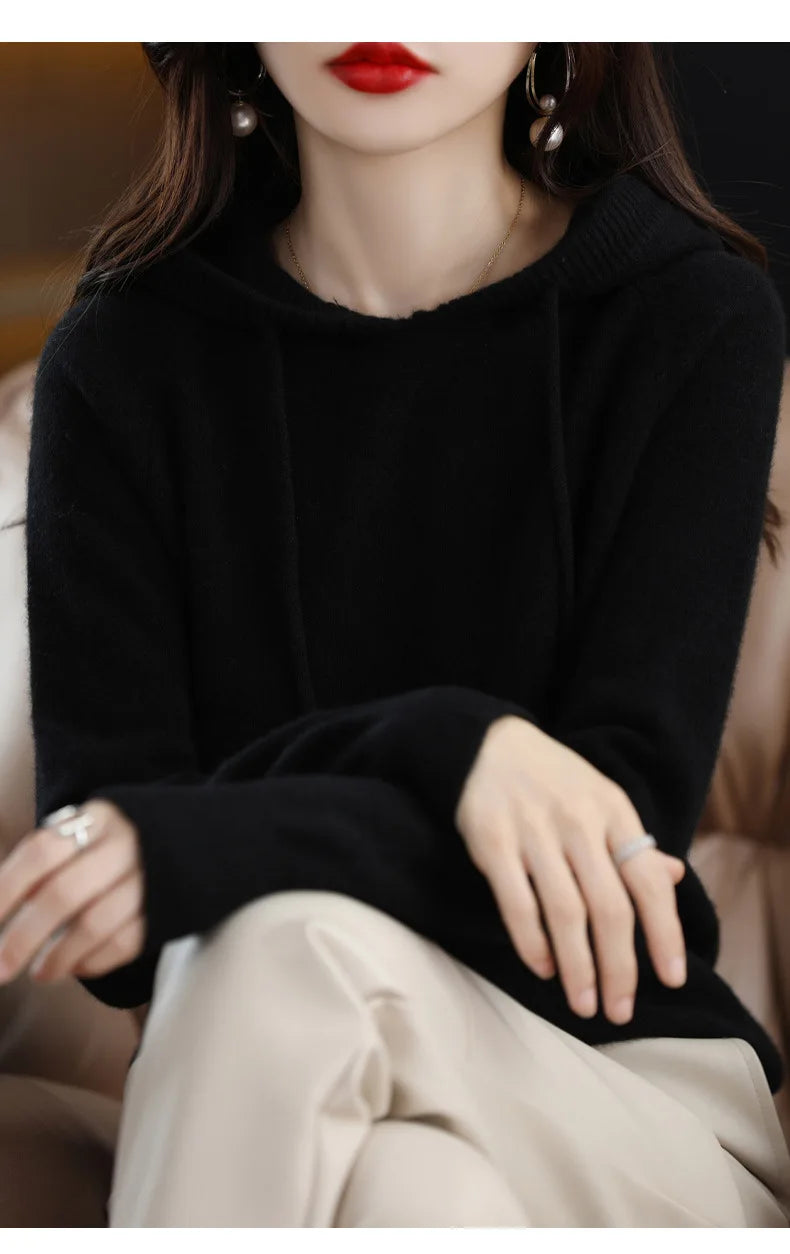 Hooded Sweater Fashion Women Autumn Winter Long Sleeve Solid Color Knitted Hoodies Lady Loose Drawstring Casual Pullover Hoodie