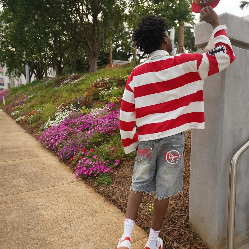 2 Pcs Shirts Co-ords Sume Rugby Diamond Embroidery Stripe Polo Shirt Y2K Retro Classic Unisex Oversized Long Sleeved Shirts Sets