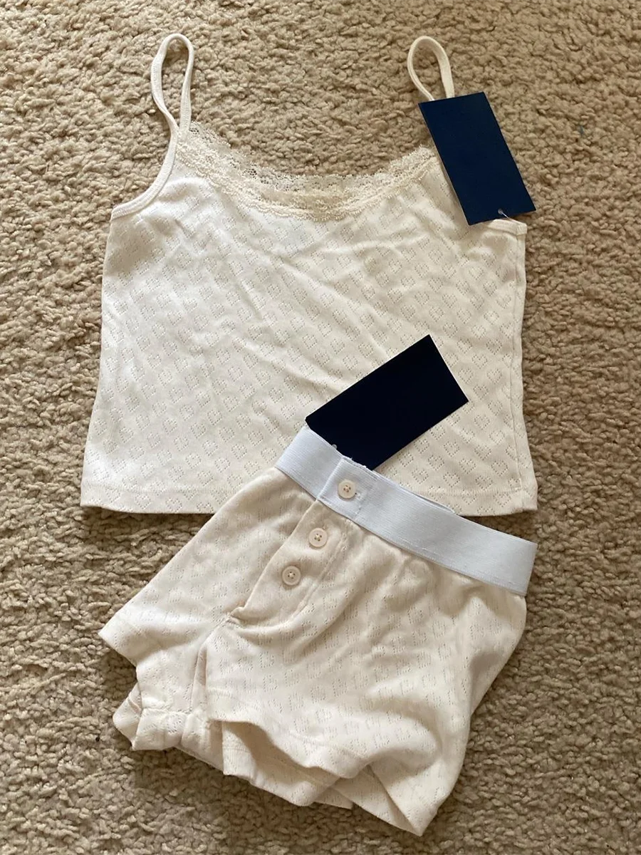 Strawberry Vest Shorts 2 Pieces Set Woman Eyelet Bow Slim Tank Top with Elastic Waist Patchwork Straight Short Pant Sweet Sets