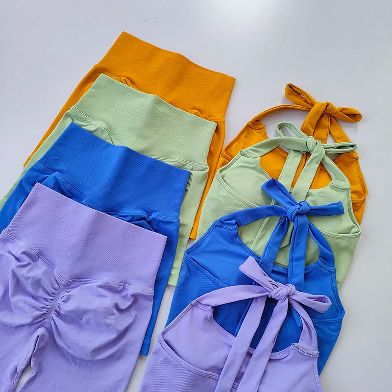 Peach Hip Lifting Suit Neck Hanging Sports Bra Shockproof Gathering Bra Quick Drying Short Set Gym Fitness Running Yoga Suit