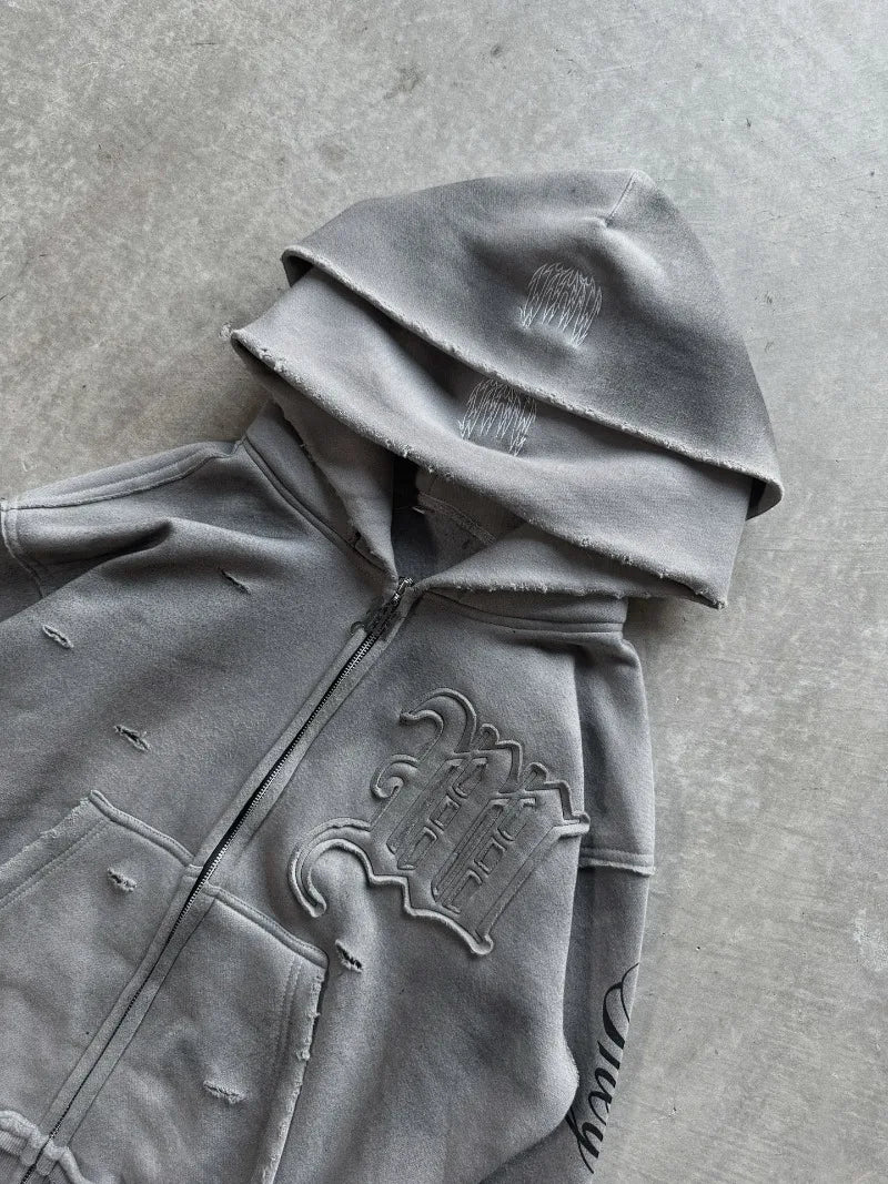 High street retro perforated embroidery American style logo Casual couple set street Harajuku punk loose hooded sweatshirt