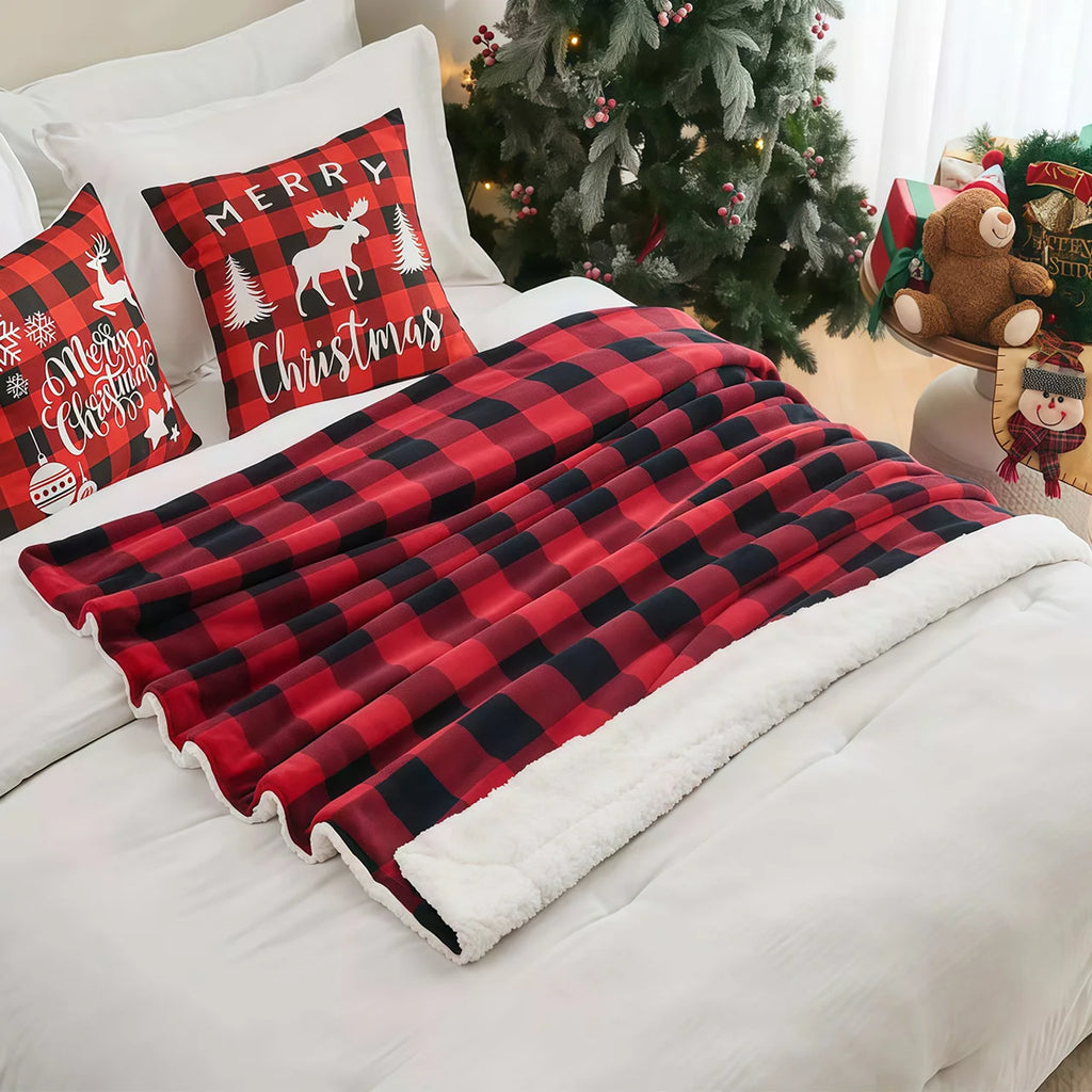 1pc Cozy Sherpa Fleece Buffalo Plaid Blanket - Sofa, Bed, And Outdoor Use - All-Season, Machine Washable, Soft Warm 4lbs, Weight
