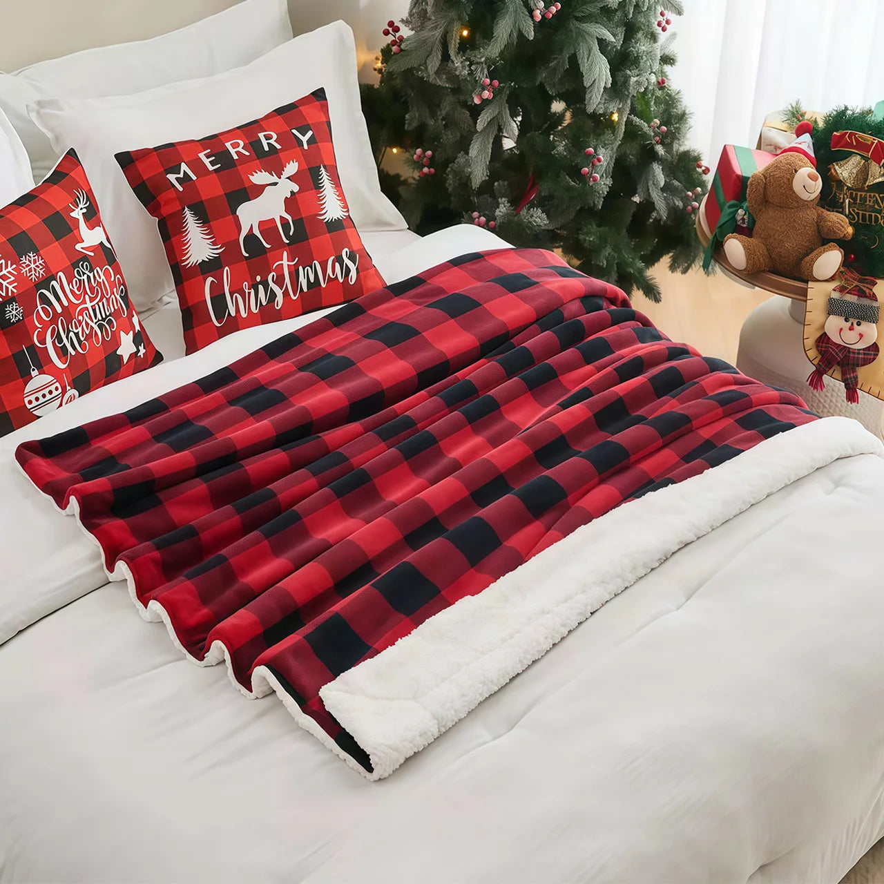 1pc Cozy Sherpa Fleece Buffalo Plaid Blanket - Sofa, Bed, And Outdoor Use - All-Season, Machine Washable, Soft Warm 4lbs, Weight