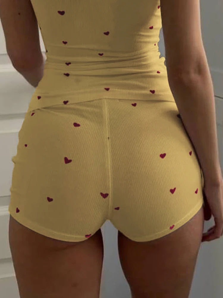 Nibber Comfortable Heart Print 2 Piece Set Women Square Collar Sleeveless Crop Tops+Stretch Shorts Sweet Girls Fashion Outfits