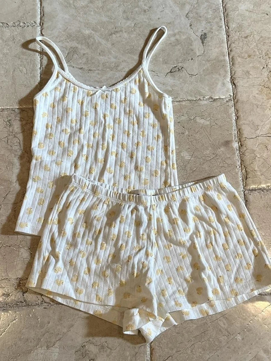 Strawberry Vest Shorts 2 Pieces Set Woman Eyelet Bow Slim Tank Top with Elastic Waist Patchwork Straight Short Pant Sweet Sets