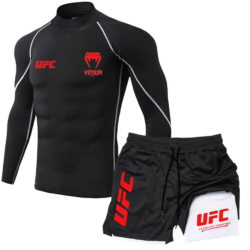 2025 Men's Breathable UFC Long Sleeve+Double Layer Pants Sports Pants Outdoor Running Fitness Training T-shirt Pants