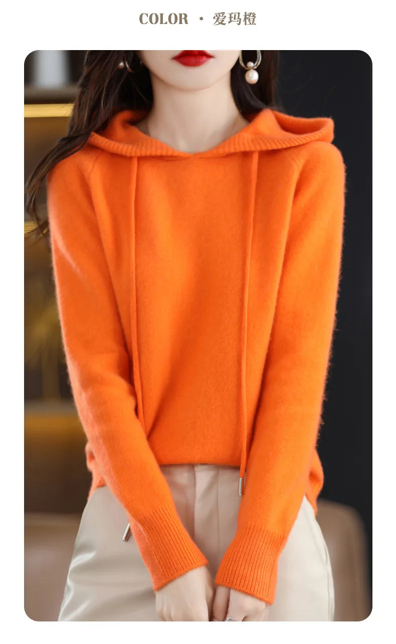 Hooded Sweater Fashion Women Autumn Winter Long Sleeve Solid Color Knitted Hoodies Lady Loose Drawstring Casual Pullover Hoodie