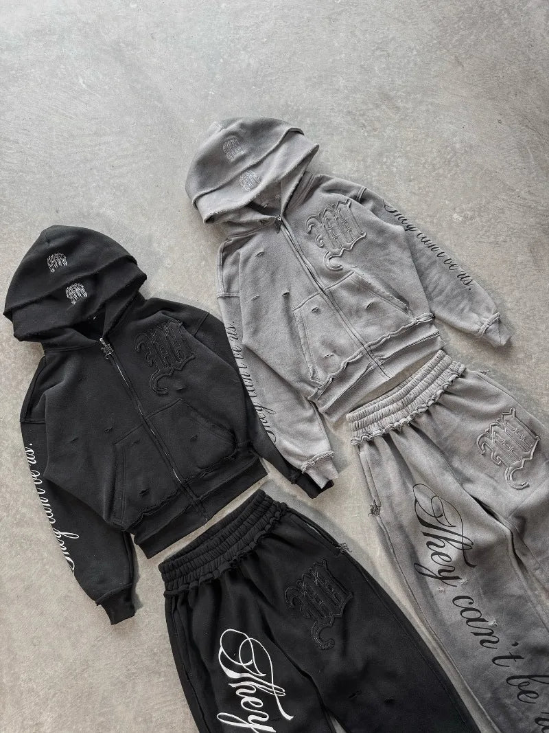 High street retro perforated embroidery American style logo Casual couple set street Harajuku punk loose hooded sweatshirt