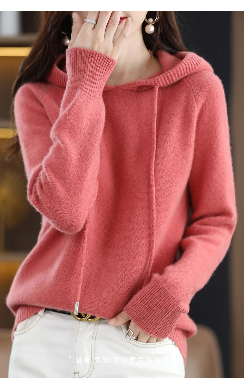 Hooded Sweater Fashion Women Autumn Winter Long Sleeve Solid Color Knitted Hoodies Lady Loose Drawstring Casual Pullover Hoodie