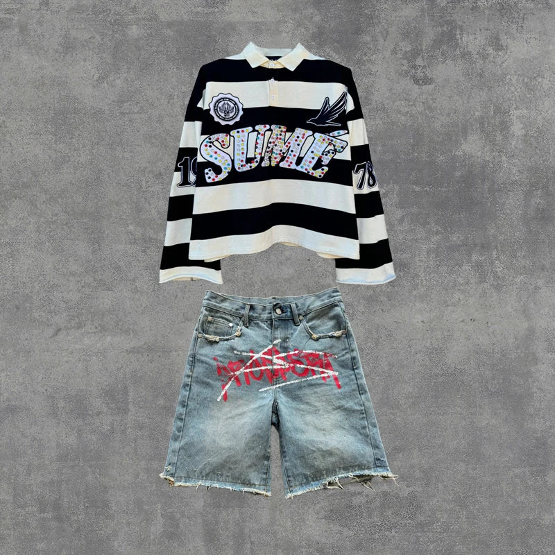 2 Pcs Shirts Co-ords Sume Rugby Diamond Embroidery Stripe Polo Shirt Y2K Retro Classic Unisex Oversized Long Sleeved Shirts Sets