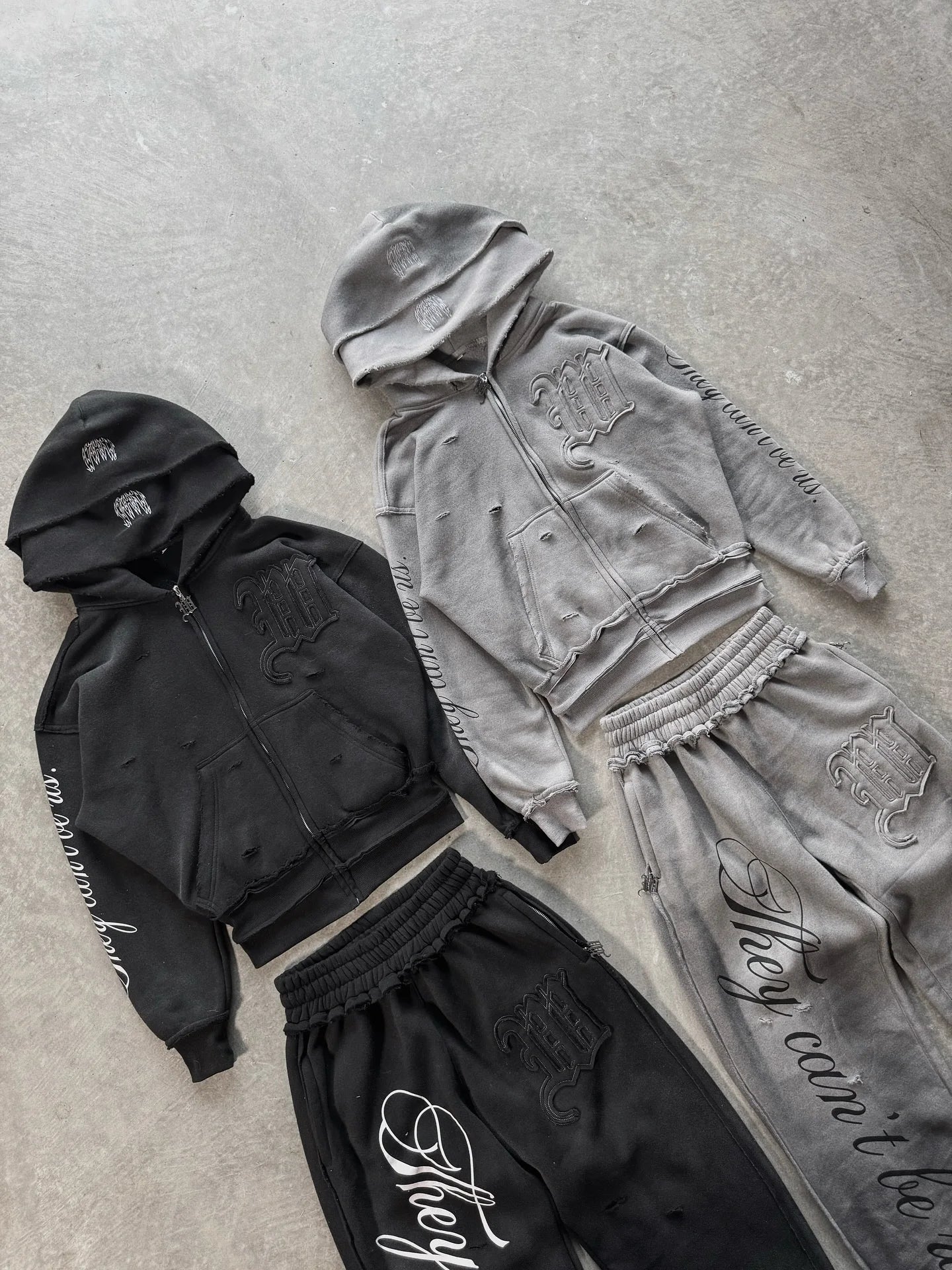 High street retro perforated embroidery American style logo Casual couple set street Harajuku punk loose hooded sweatshirt