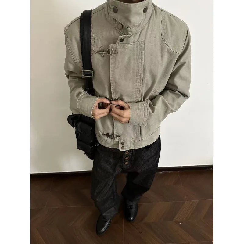 Harajuku Men's Turn Down Collar Jacket American Retro Short Workwear Coat Autumn Streetwear Casual Loose Fit Fashion Outerwear