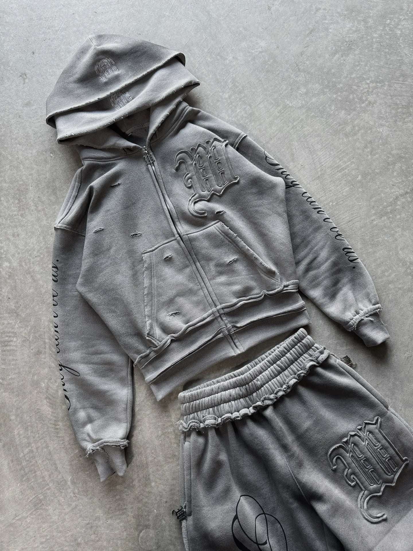 High street retro perforated embroidery American style logo Casual couple set street Harajuku punk loose hooded sweatshirt