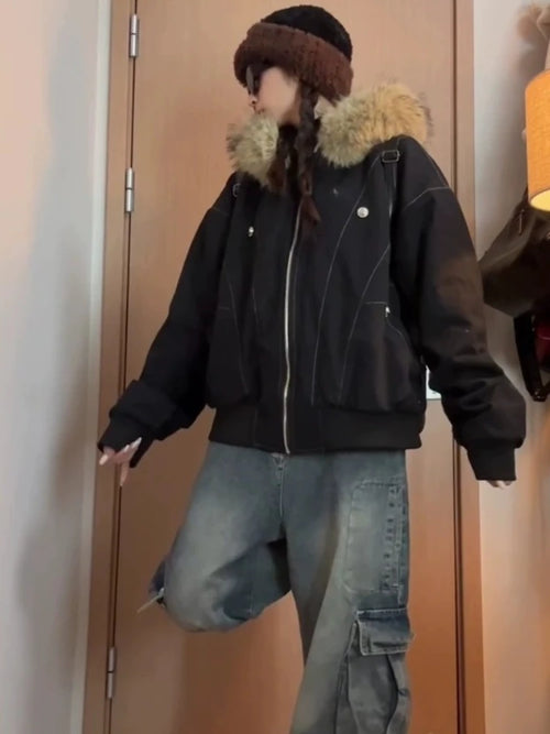 2000s Aesthetic Black Elegant Jacket Woman 2025 Winter Y2k Zip Up Hooded Design Harajuku Coat Female Loose Casual Punk Outfits