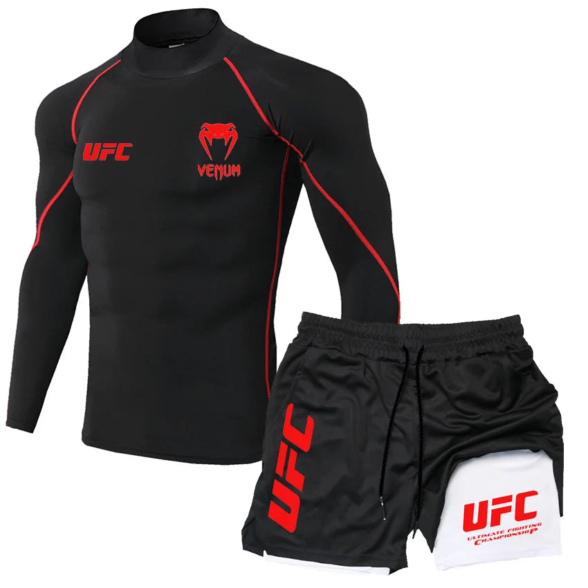 2025 Men's Breathable UFC Long Sleeve+Double Layer Pants Sports Pants Outdoor Running Fitness Training T-shirt Pants
