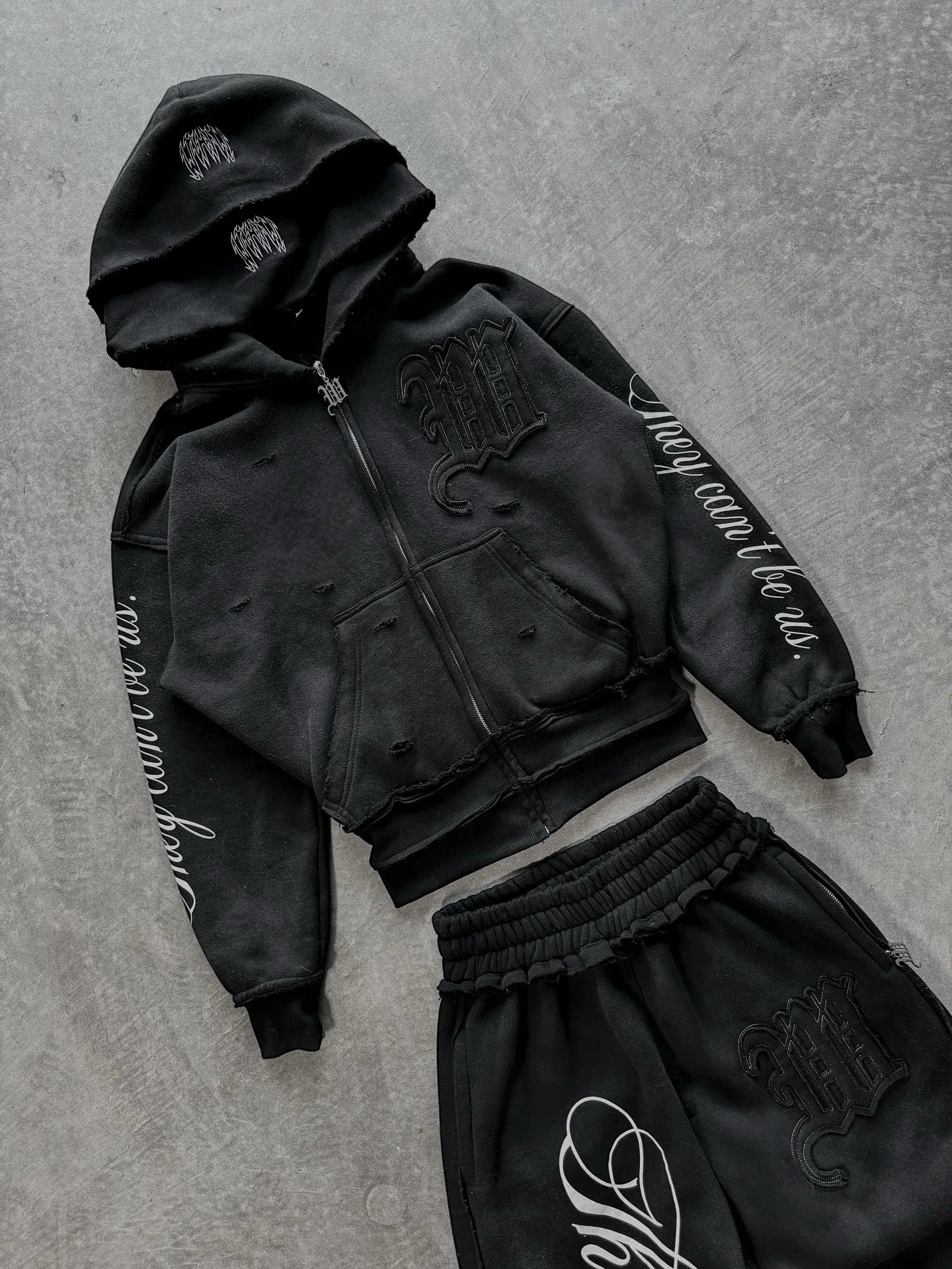 High street retro perforated embroidery American style logo Casual couple set street Harajuku punk loose hooded sweatshirt