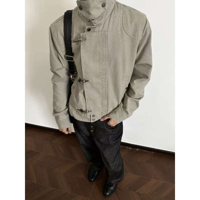 Harajuku Men's Turn Down Collar Jacket American Retro Short Workwear Coat Autumn Streetwear Casual Loose Fit Fashion Outerwear