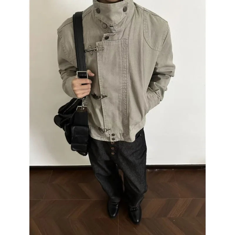 Harajuku Men's Turn Down Collar Jacket American Retro Short Workwear Coat Autumn Streetwear Casual Loose Fit Fashion Outerwear