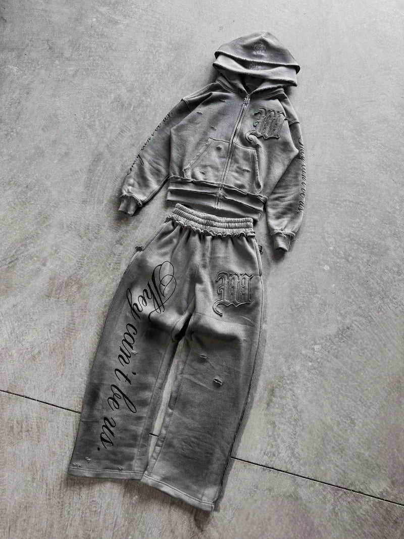 High street retro perforated embroidery American style logo Casual couple set street Harajuku punk loose hooded sweatshirt