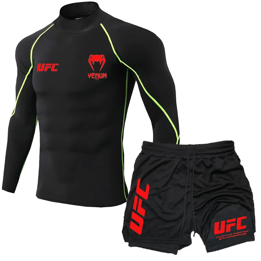 2025 Men's Breathable UFC Long Sleeve+Double Layer Pants Sports Pants Outdoor Running Fitness Training T-shirt Pants