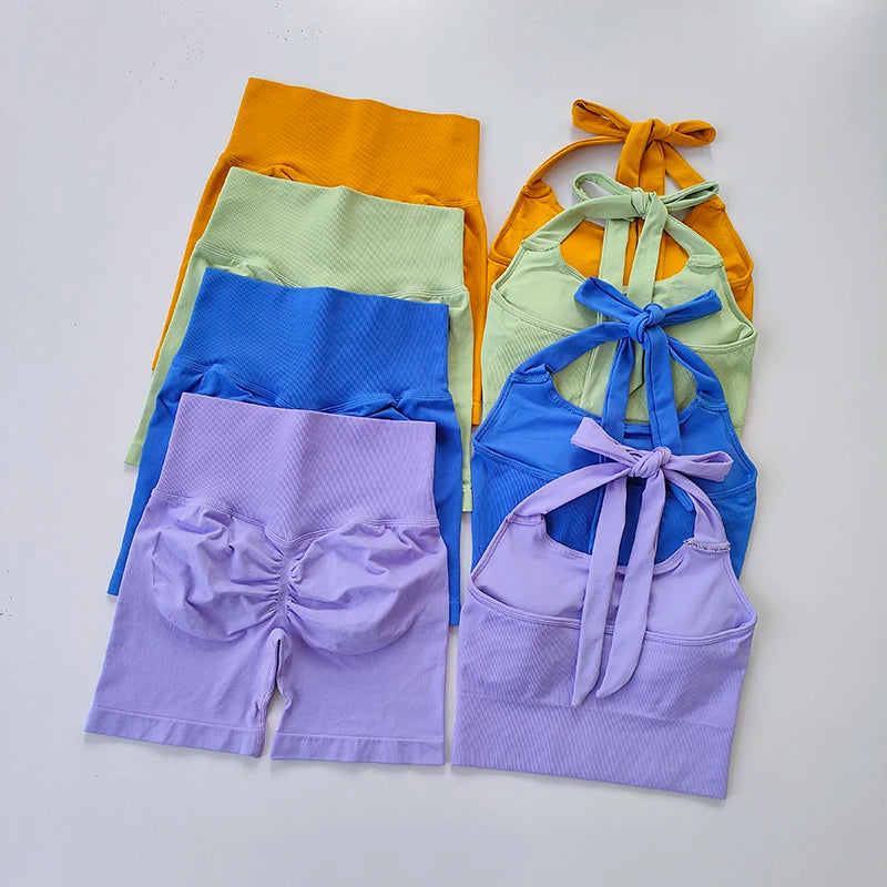 Peach Hip Lifting Suit Neck Hanging Sports Bra Shockproof Gathering Bra Quick Drying Short Set Gym Fitness Running Yoga Suit