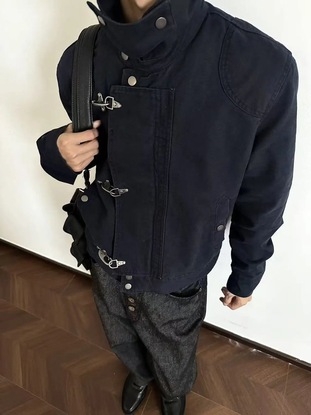 Harajuku Men's Turn Down Collar Jacket American Retro Short Workwear Coat Autumn Streetwear Casual Loose Fit Fashion Outerwear