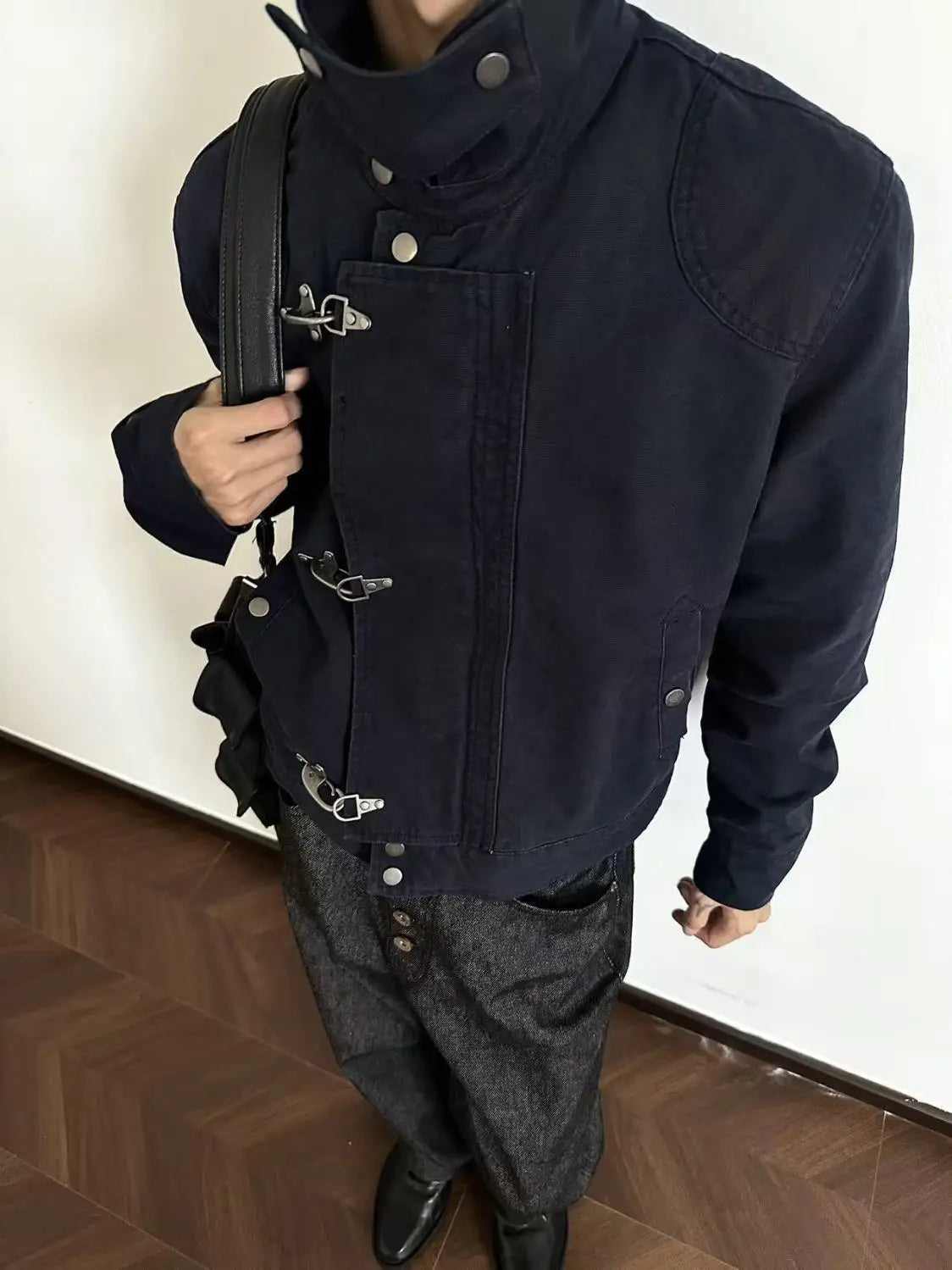 Harajuku Men's Turn Down Collar Jacket American Retro Short Workwear Coat Autumn Streetwear Casual Loose Fit Fashion Outerwear