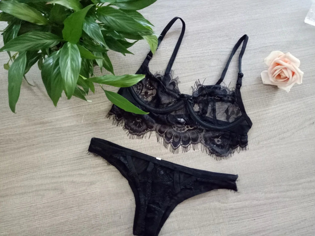 Lace Sexy Underwear Set Hollow Eyelashes Lace Lingerie Set Bra and Panty Set White Black Underwear Women Set