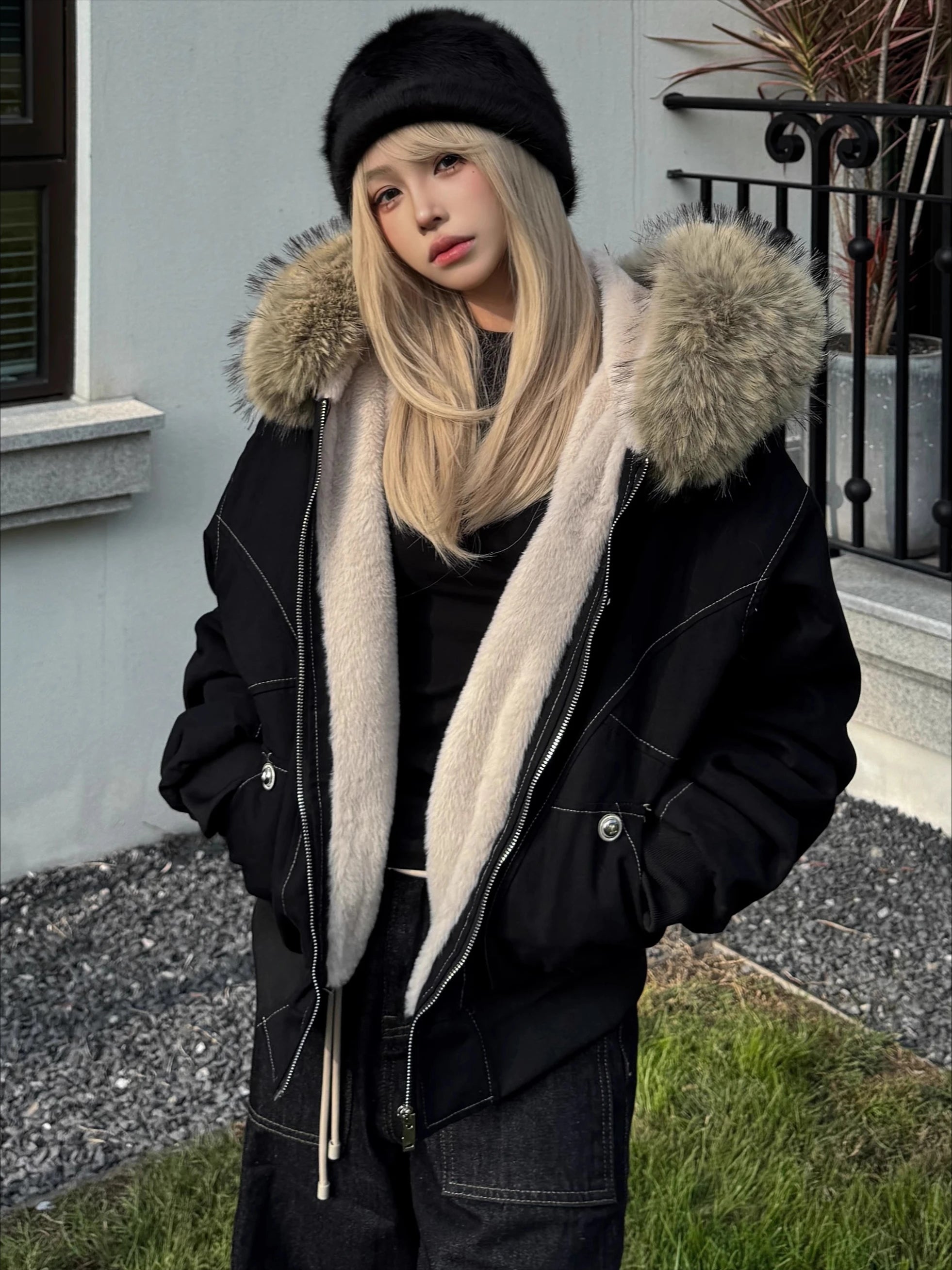 2000s Aesthetic Black Elegant Jacket Woman 2025 Winter Y2k Zip Up Hooded Design Harajuku Coat Female Loose Casual Punk Outfits