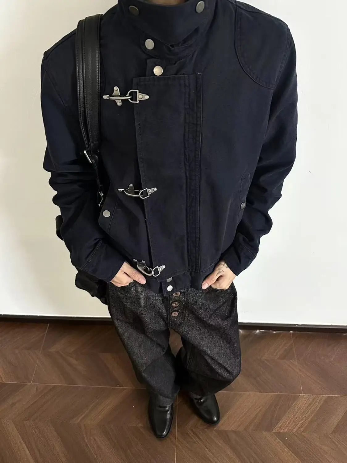 Harajuku Men's Turn Down Collar Jacket American Retro Short Workwear Coat Autumn Streetwear Casual Loose Fit Fashion Outerwear