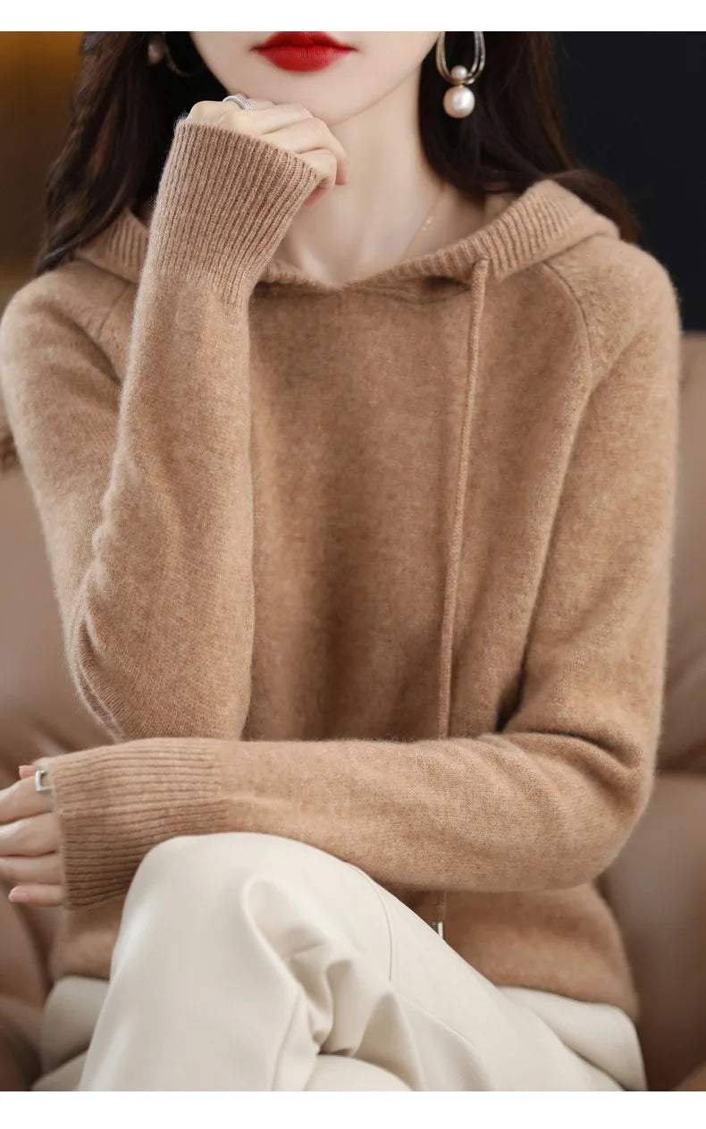 Hooded Sweater Fashion Women Autumn Winter Long Sleeve Solid Color Knitted Hoodies Lady Loose Drawstring Casual Pullover Hoodie