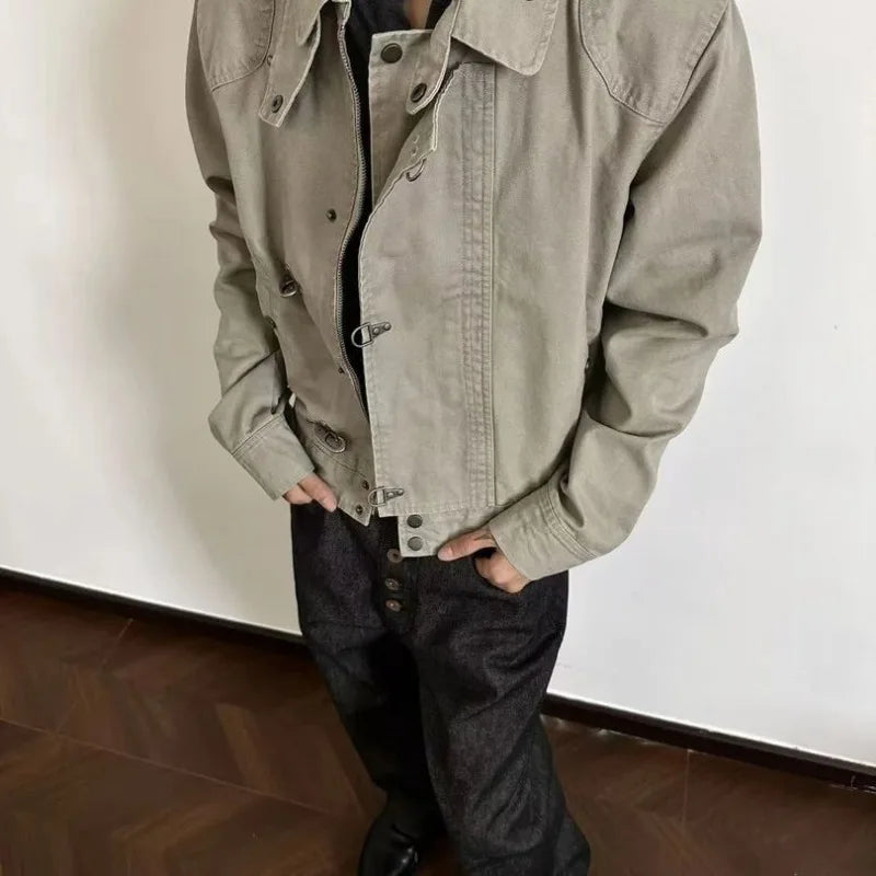 Harajuku Men's Turn Down Collar Jacket American Retro Short Workwear Coat Autumn Streetwear Casual Loose Fit Fashion Outerwear