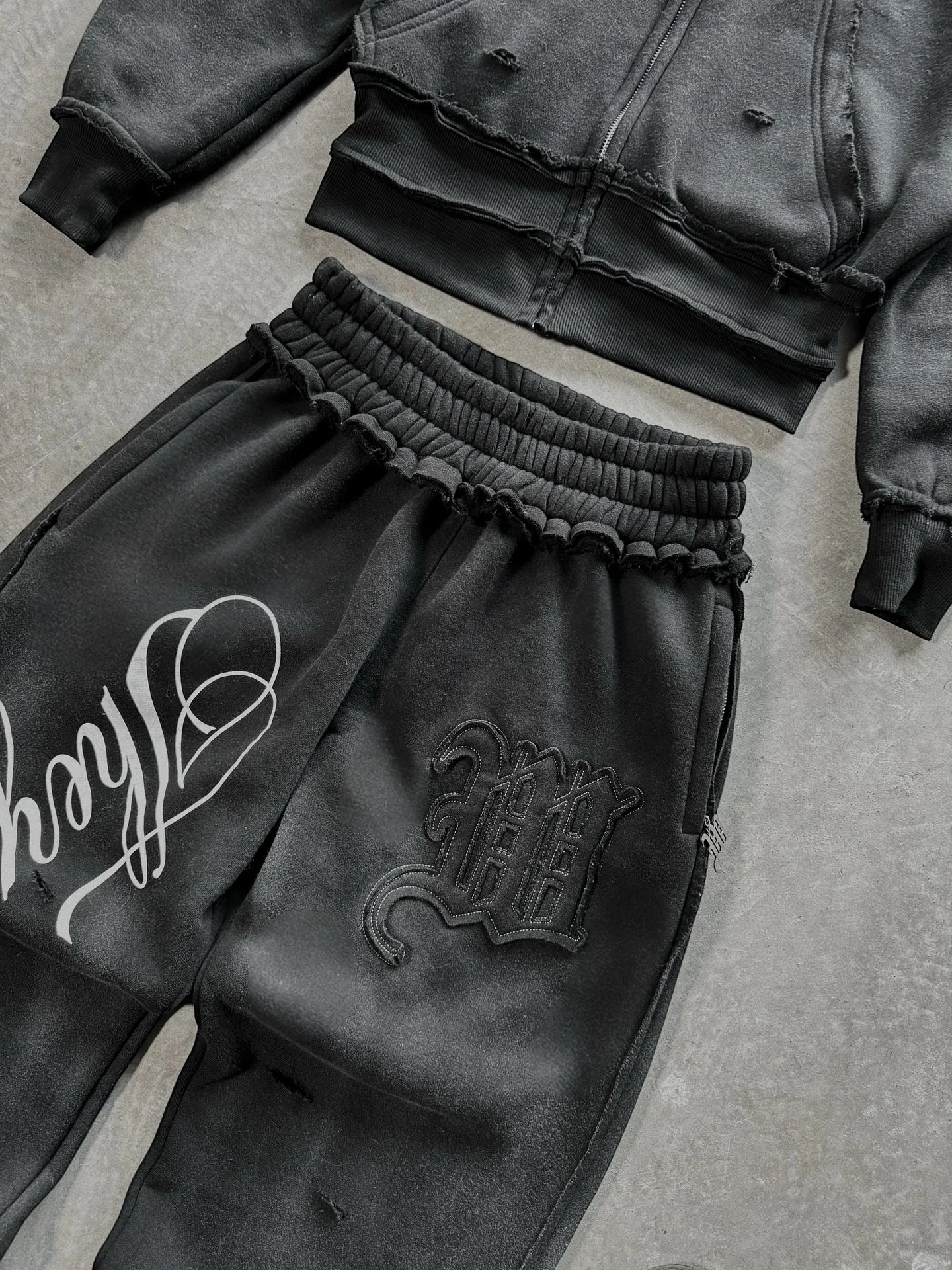 High street retro perforated embroidery American style logo Casual couple set street Harajuku punk loose hooded sweatshirt