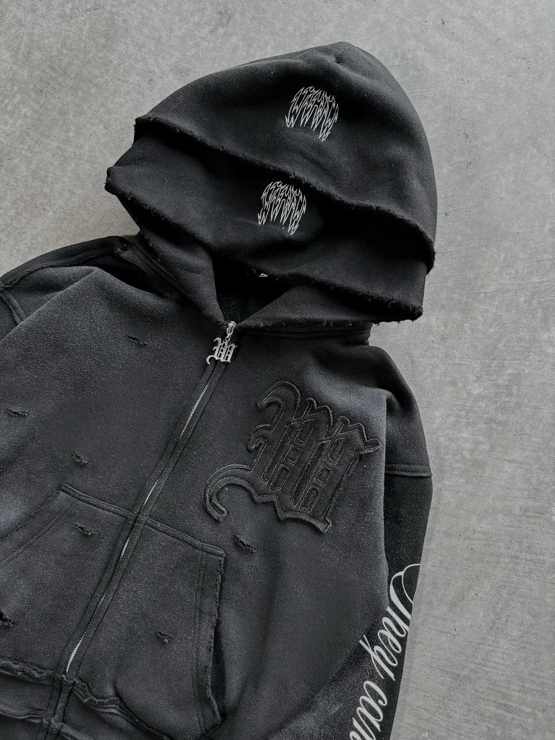 High street retro perforated embroidery American style logo Casual couple set street Harajuku punk loose hooded sweatshirt