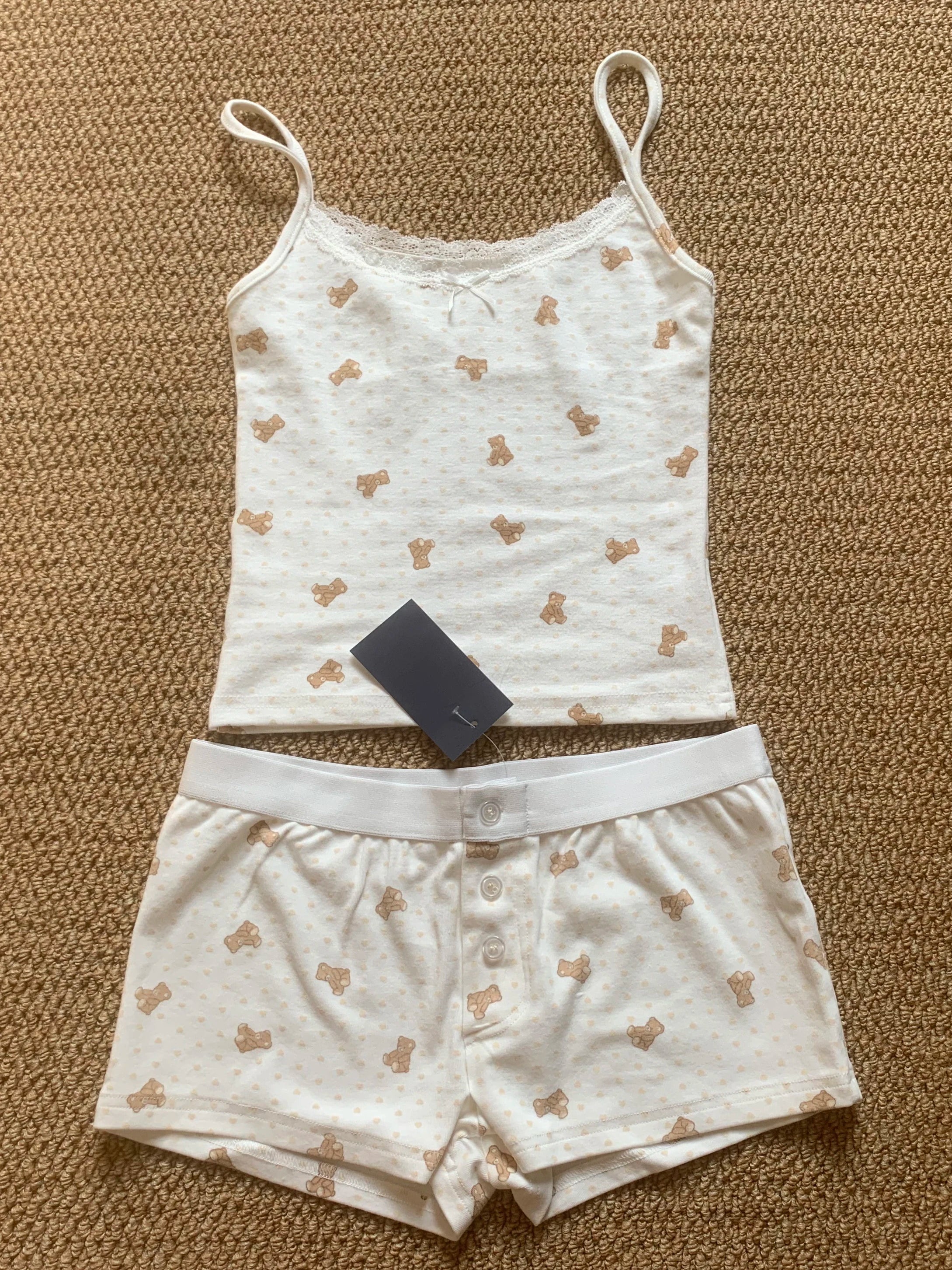 Strawberry Vest Shorts 2 Pieces Set Woman Eyelet Bow Slim Tank Top with Elastic Waist Patchwork Straight Short Pant Sweet Sets