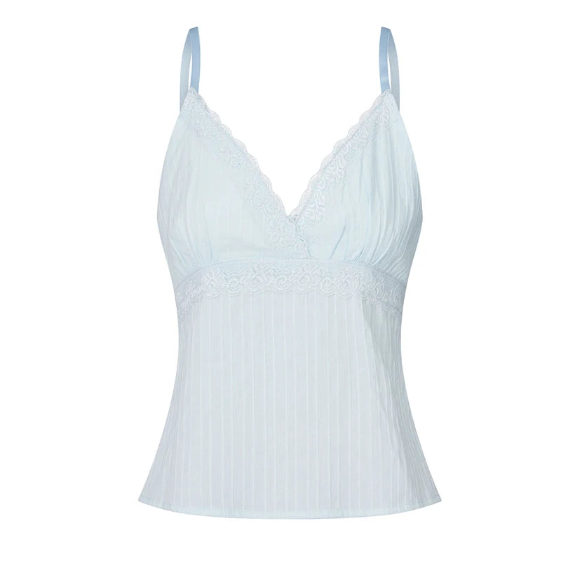 Maemukilabe Women Y2k Babydoll Tank Top Cute Lace Trim Spaghetti Strap Backless Cami V Neck Flared Hem Flowy Peplum Crop Tops