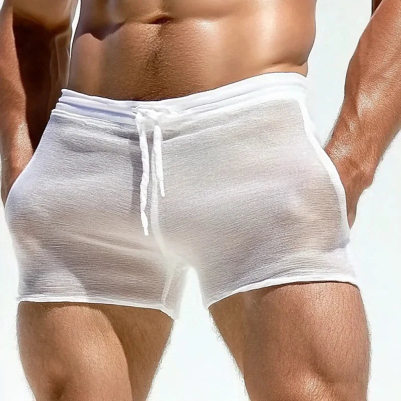 Sexy See Through Slim Shorts Men Seaside Beach Casual Solid Color Breathable Shorts Summer Men's Leisure Sleepwear Pajama Shorts