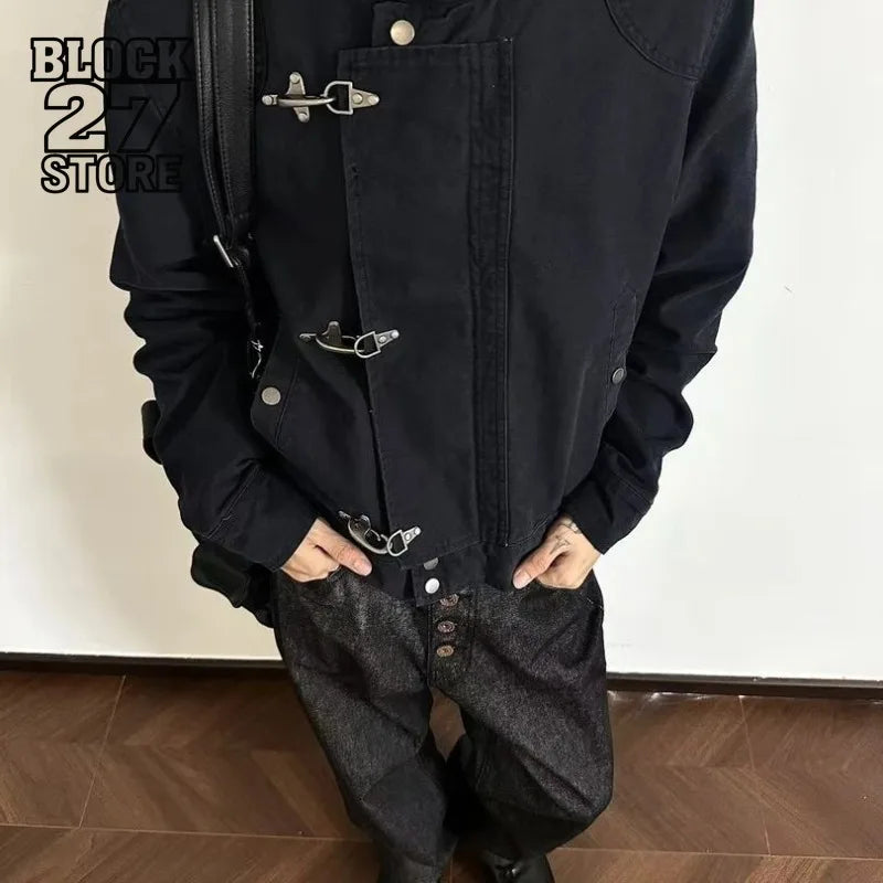 Harajuku Men's Turn Down Collar Jacket American Retro Short Workwear Coat Autumn Streetwear Casual Loose Fit Fashion Outerwear
