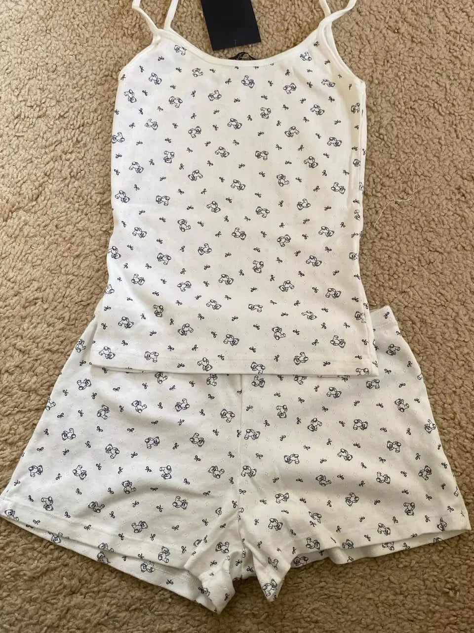 Strawberry Vest Shorts 2 Pieces Set Woman Eyelet Bow Slim Tank Top with Elastic Waist Patchwork Straight Short Pant Sweet Sets